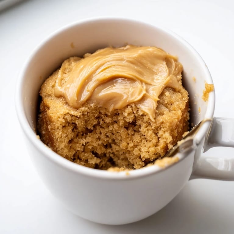 A single serving of a rich and decadent 2-Minute Peanut Butter Mug Cake, ready in under 5 minutes.