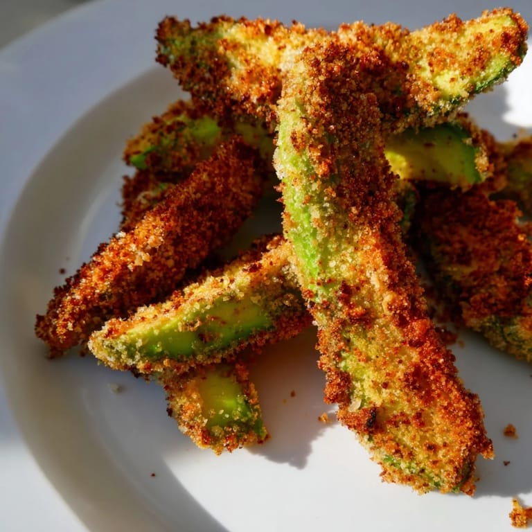 Freshly made crispy baked avocado fries ready to be served, perfect for dipping pleasure.