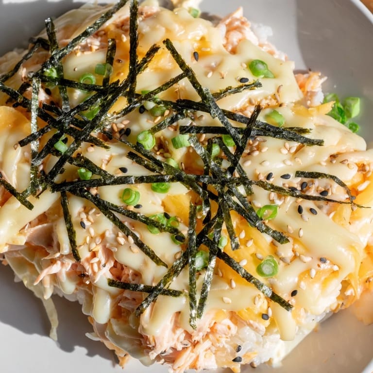 A close-up view displaying a delicious Creamy Salmon Sushi Bake with layers of rice and creamy fish.