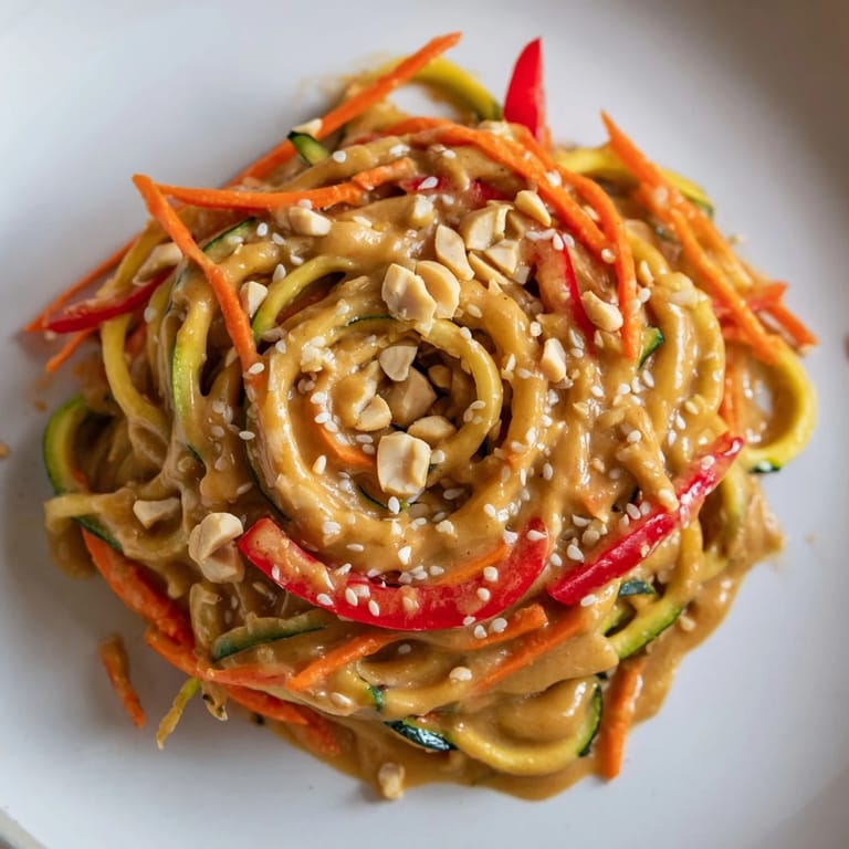 Cold, appetizing Zesty Peanut Zucchini Noodles salad with fresh herbs and crunchy peanuts, ready to eat.
