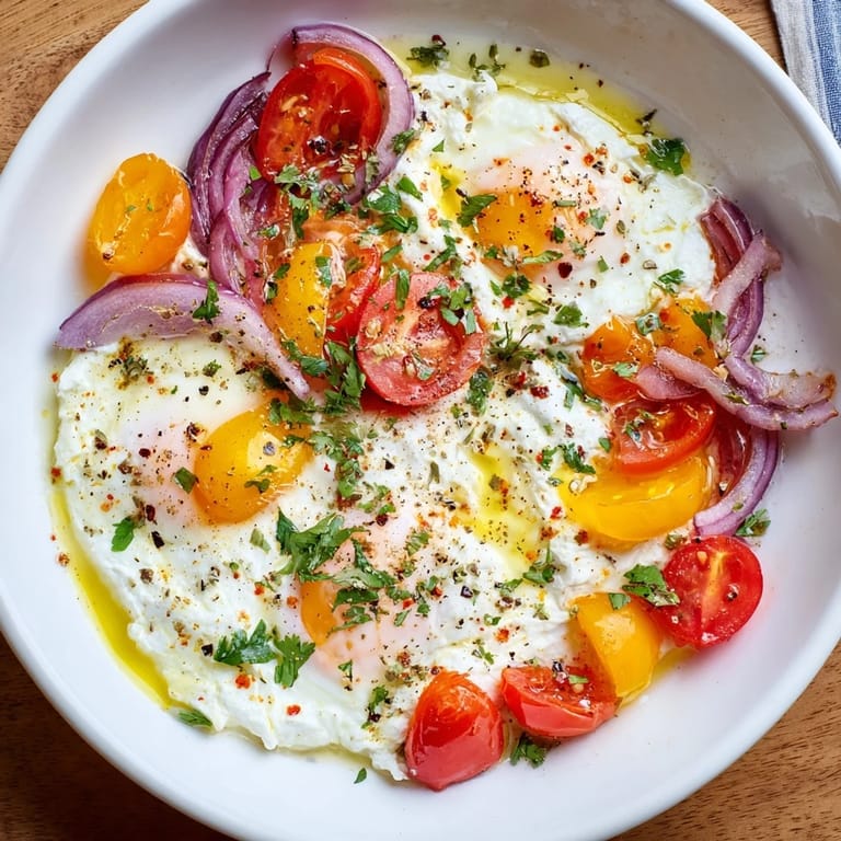 Freshly baked Mediterranean Baked Feta & Eggs featuring golden eggs and savory, roasted vegetables, ready to serve.