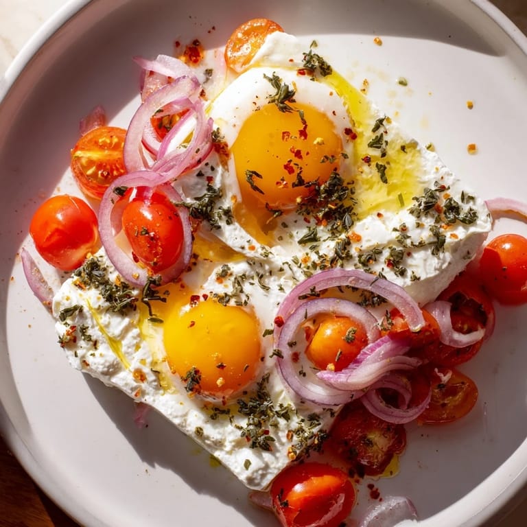 Warm, appetizing Mediterranean Baked Feta & Eggs, baked until the feta cheese is bubbly and the eggs are perfectly set.