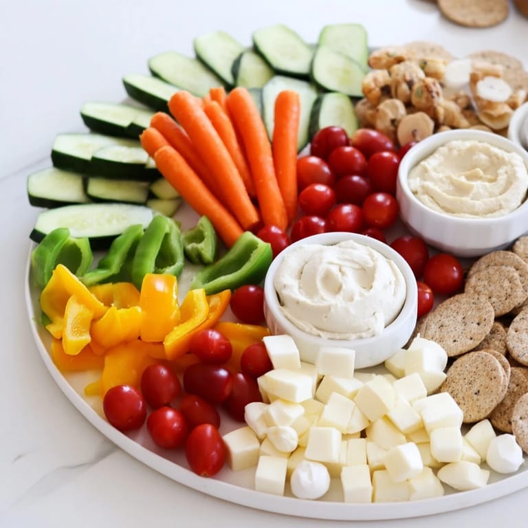 Delectable adult-friendly Veggie Snack Board featuring fresh carrots, creamy hummus, and tempting cheese selections.