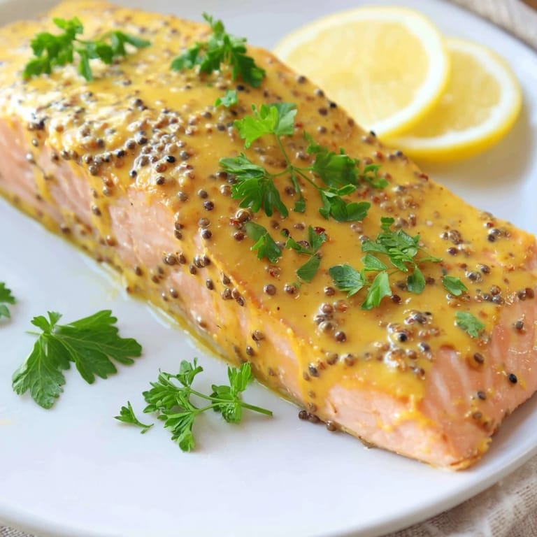 Flaky, oven-baked Honey Mustard Salmon with parsley garnish, perfect over rice for supper.