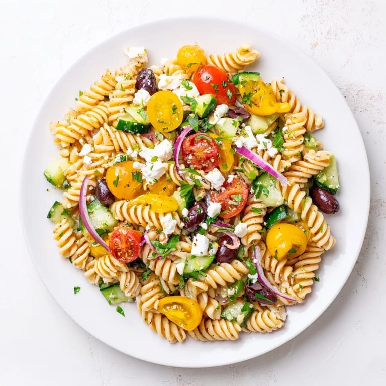 Close-up of fresh, flavorful Lemon Pasta Salad with the bright taste of fresh lemon and herbs.
