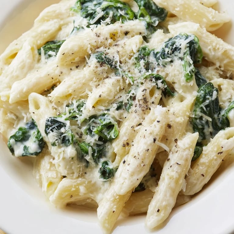 This comforting creamy spinach pasta features perfectly cooked pasta, coated in a luscious, creamy sauce.