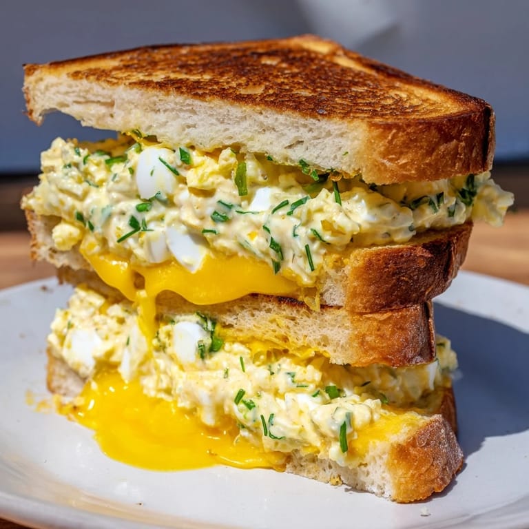 Mouthwatering close-up shows a perfectly grilled Egg Salad Grilled Cheese, oozing with cheese and creamy filling.