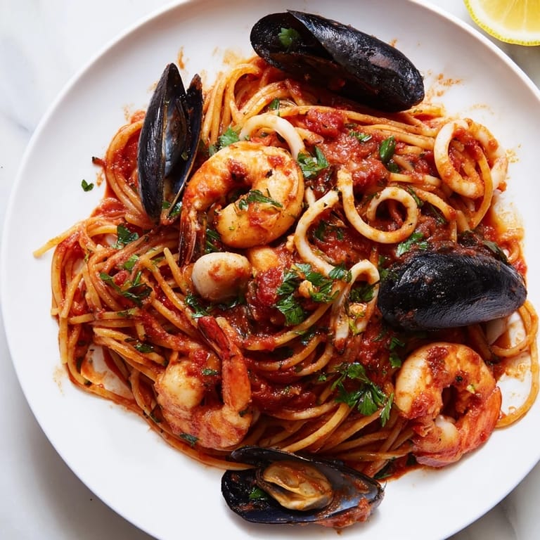 Bright red Seafood Marinara Pasta, garnished with fresh parsley, ready to be enjoyed.