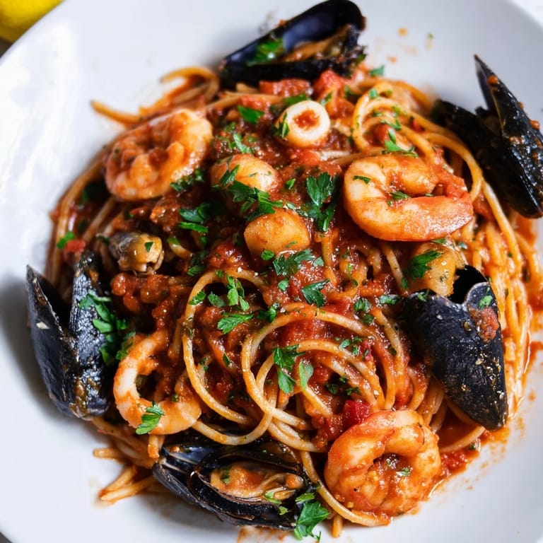 Perfectly cooked spaghetti smothered in rich Seafood Marinara Pasta, a delightful Italian meal.