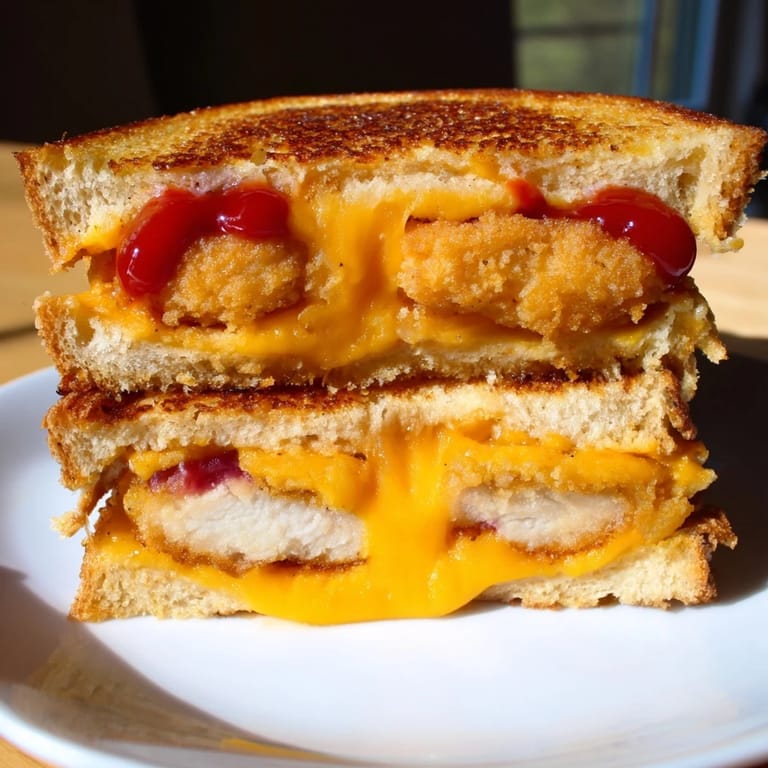 Warm, gooey Chicken Nugget Grilled Cheese sandwich, perfect with a side of apple slices, ready to enjoy.
