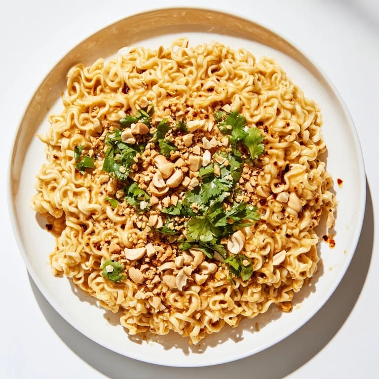 A close-up view of a bowl of Instant Peanut Thai Sauce Noodles, garnished with fresh cilantro and peanuts.