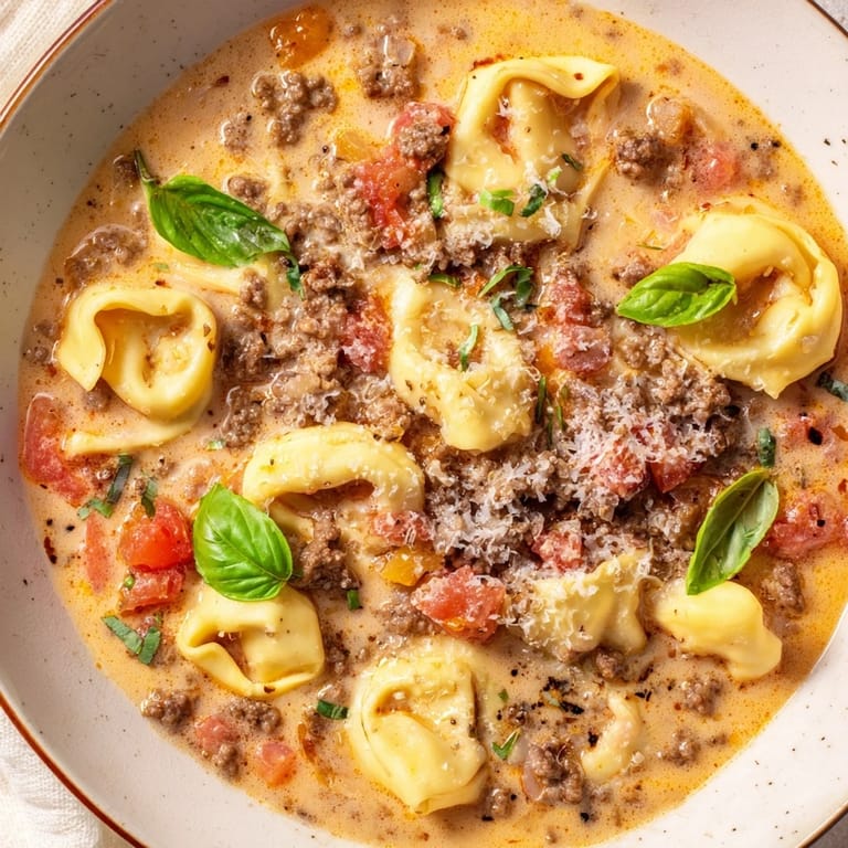 A creamy, tomato-based Tortellini Beef Soup with visible ground beef and floating cheese tortellini.