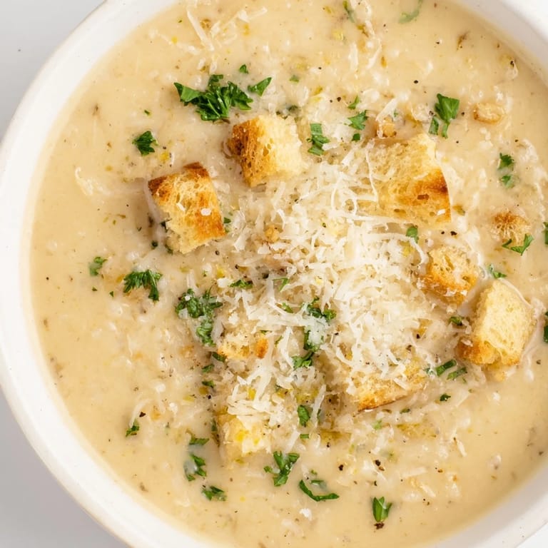 Velvety Creamy Garlic Bread Soup, hinting at the warm garlic and cheesy aroma in this comforting dish.