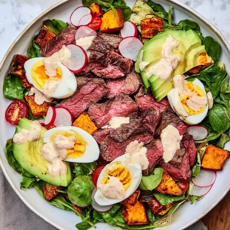 A delicious High-Protein Beef Avocado Bowl showcasing sliced beef, halved eggs, and vibrant fresh vegetables.
