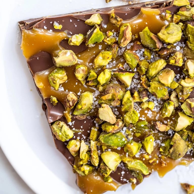 A close-up of delicious Pistachio Salted Caramel Bark shows the contrast of textures and flavors.