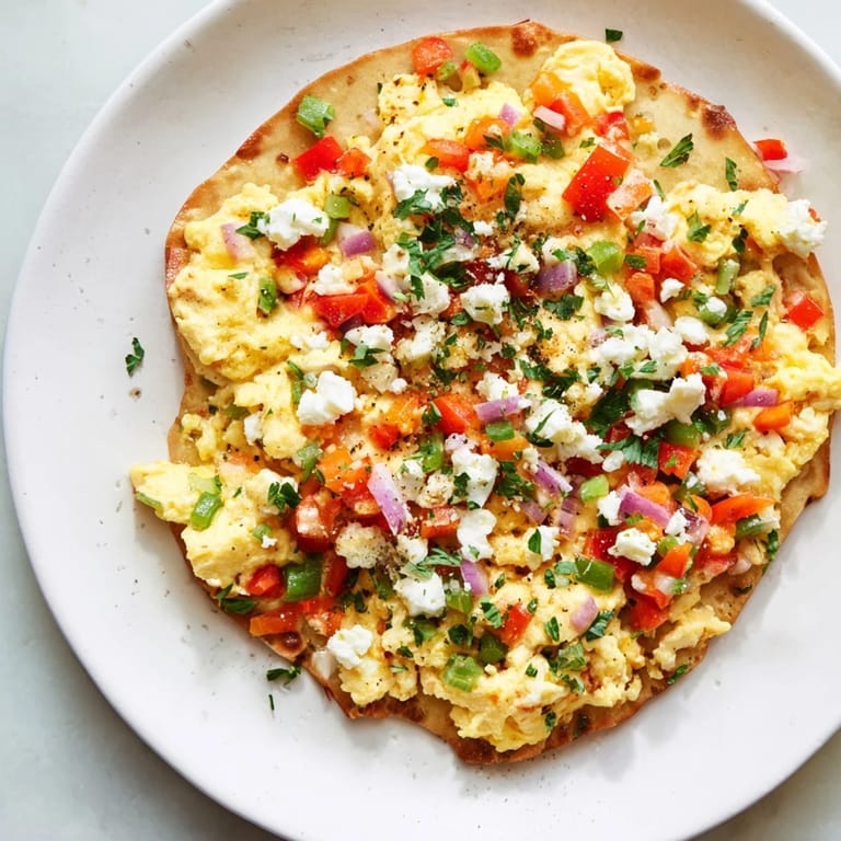 A close-up of a fresh Turkish menemen eggs pizza with a crispy crust, seasoned with parsley.
