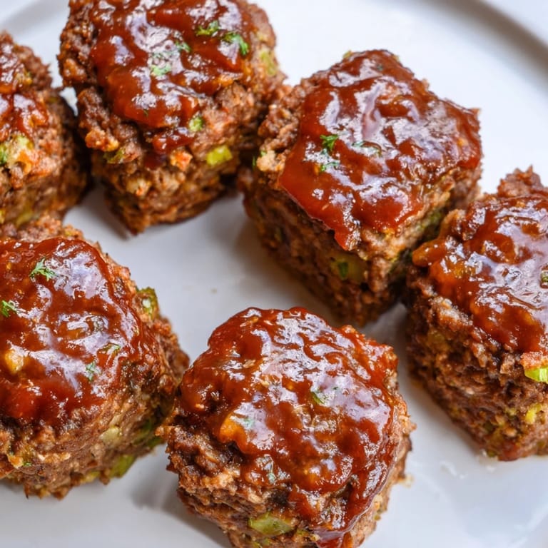Close-up of savory mini meatloaf bites, tender inside with a caramelized, glazed top.