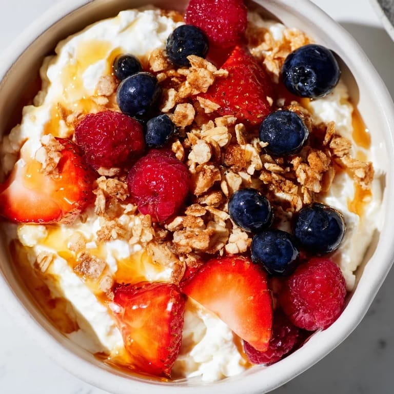 A delightful view of a Cottage Cheese Hot Honey Bowl: creamy white cottage cheese and colorful berries.