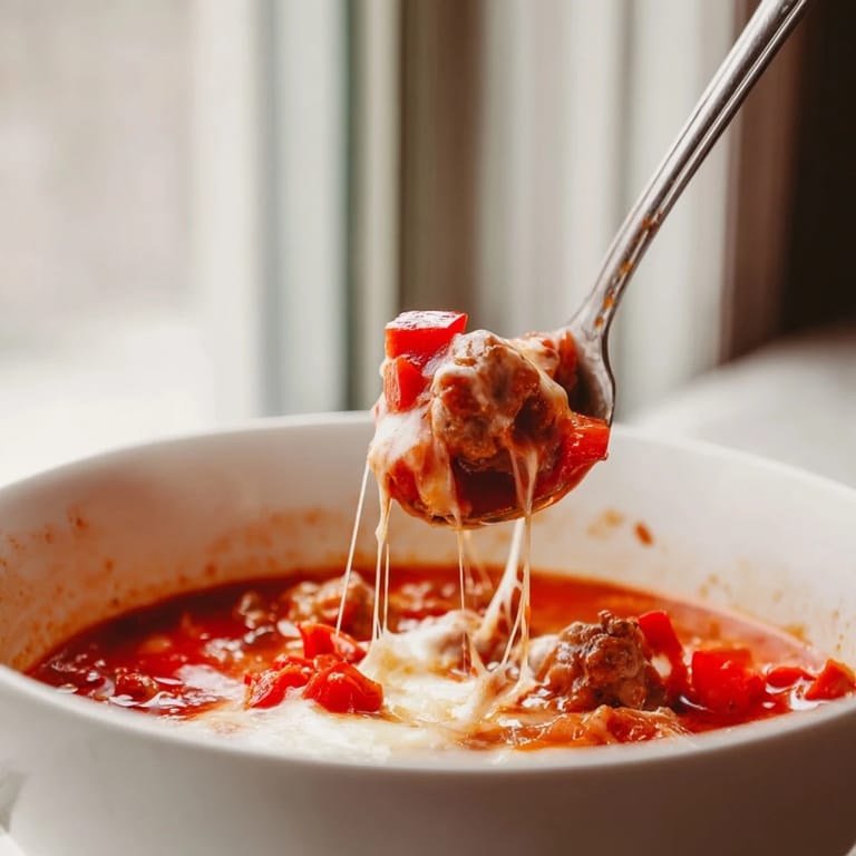 Pizza Soup simmering in a pot with savory tomatoes and herbs, garnished with fresh basil and parsley.