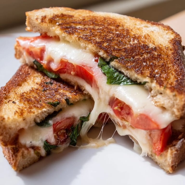 A close-up of crisp, buttery bread, revealing juicy tomato slices and soft cheese.