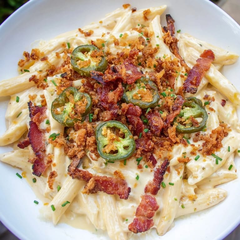 Savory Jalapeño Popper Pasta served in a white bowl, topped with toasted panko breadcrumbs and fresh chives.