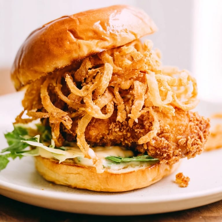 Golden fried chicken thighs stacked with crispy onions on a buttered brioche bun, drizzled with garlic aioli.