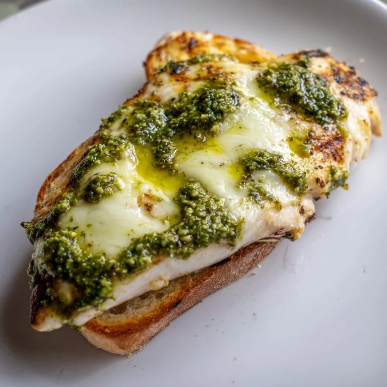 Savoring a Pesto Chicken Melt, featuring golden ciabatta, melted mozzarella, and fresh basil paired with sliced tomatoes on a plate.