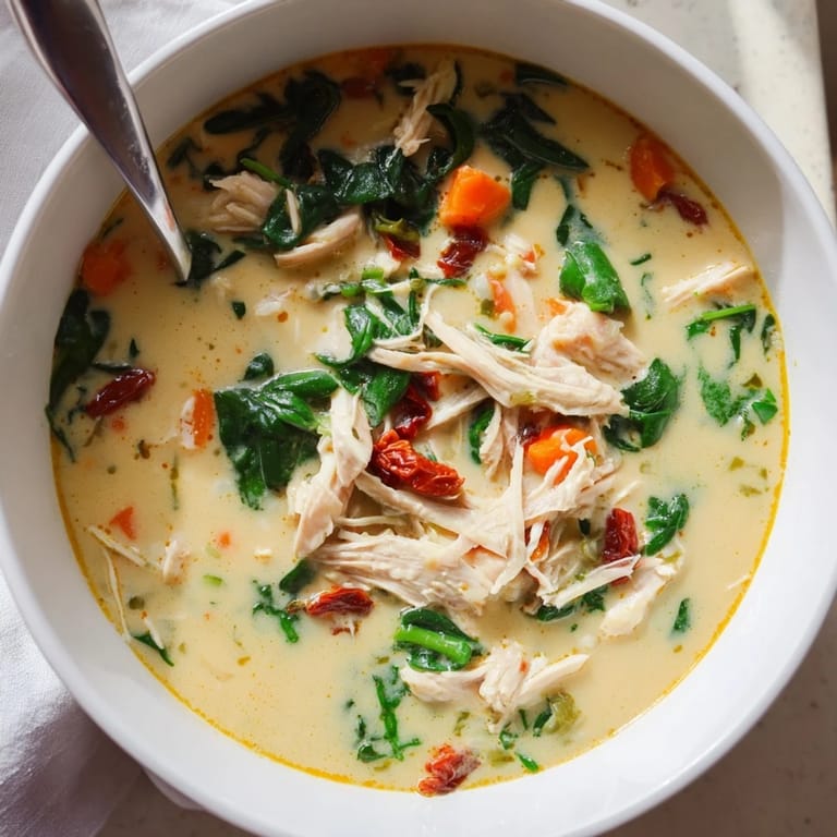 Ladle dipping into creamy Creamy Tuscan Chicken Soup, revealing colorful vegetables and shredded chicken in a velvety broth.