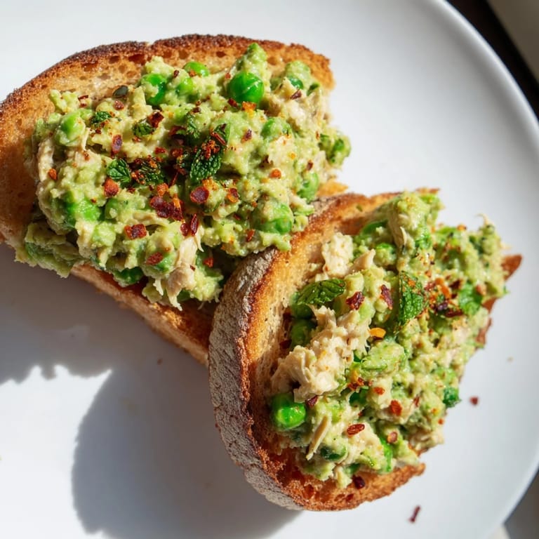 Warm Smashed Pea & Chicken Toast served golden and crisp, featuring a savory pea spread and shredded chicken topped with fresh mint and a hint of citrus.