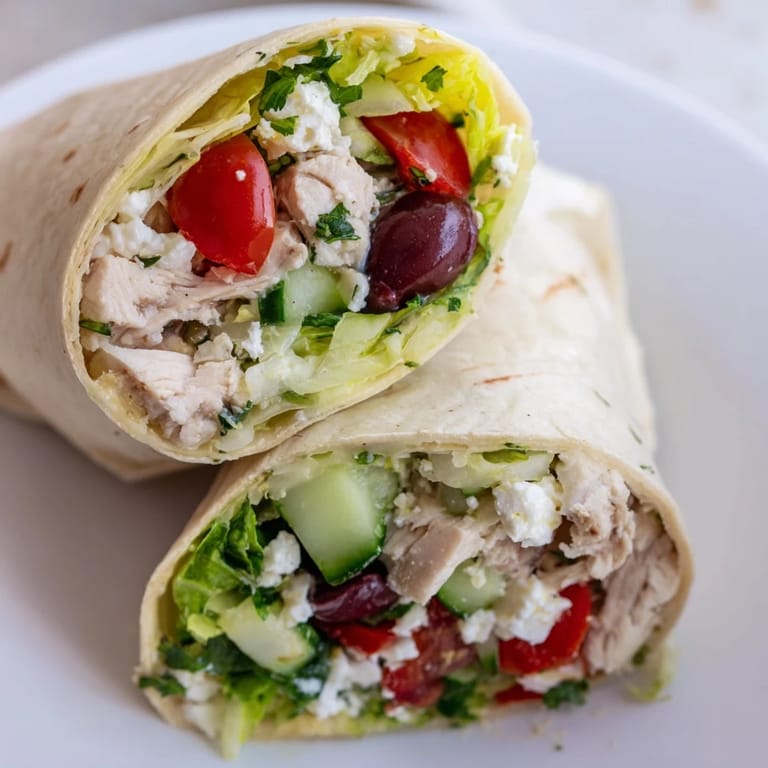 Close-up of a Greek Lemon Chicken Salad Wrap with juicy chicken pieces and creamy feta on a rustic board.