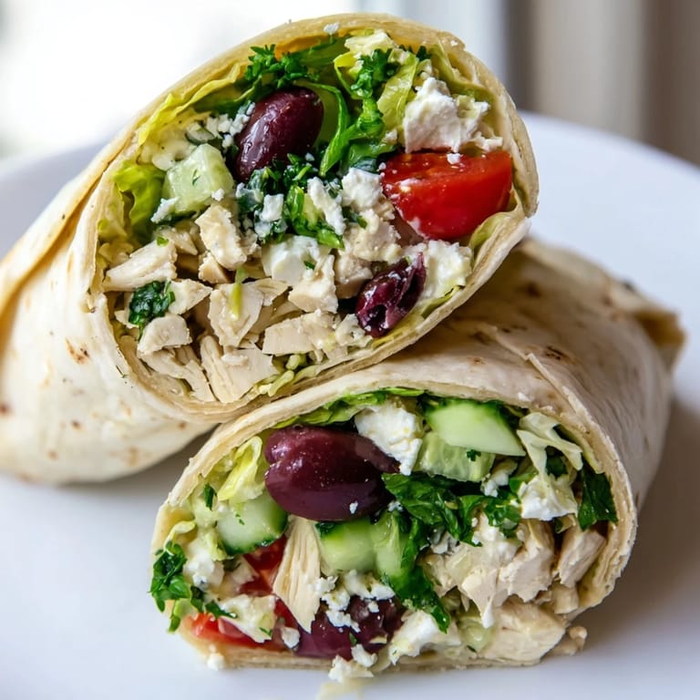 A warm tortilla wrapped around Greek Lemon Chicken Salad with chopped cucumber, tomato, and Kalamata olives.