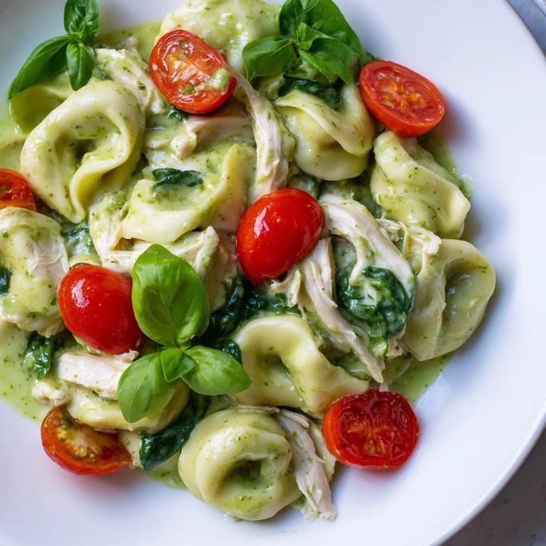 A close-up of creamy pesto tortellini skillet with wilted spinach and cherry tomatoes glistening.  