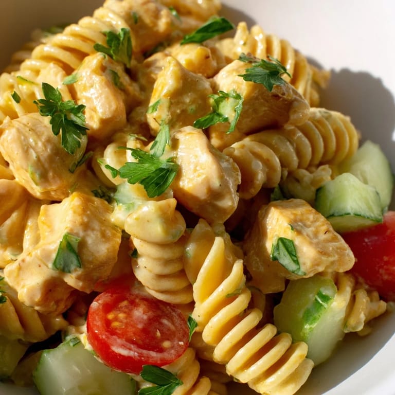 A chilled, refreshing bowl of Honey Mustard Chicken Pasta Salad, garnished with parsley and perfect for a sunny picnic.