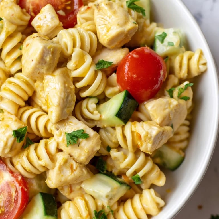 A close-up of a creamy, vibrant salad featuring diced chicken, bell peppers, and spirals of pasta coated in dressing.