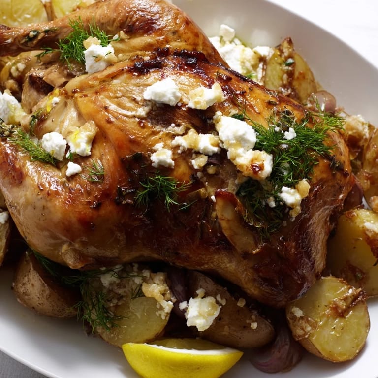 Roasted Chicken with Pot Potatoes, Lemon Herbs, and Feta bubbling in a cast-iron skillet, showcasing crispy skin and herbaceous aromatics.
