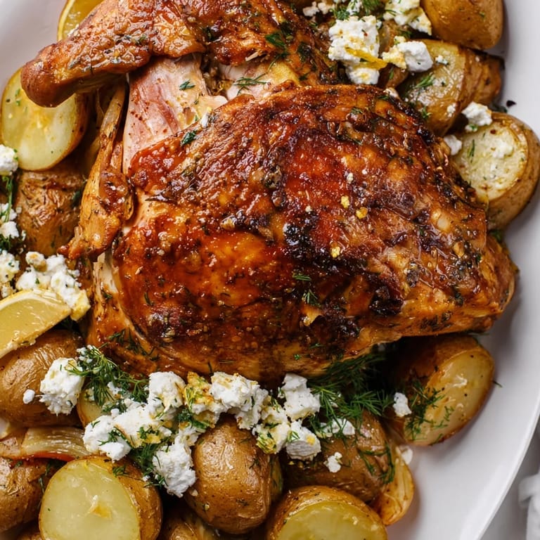 Juicy Mediterranean-style roasted chicken with buttery pot potatoes, bright lemon, and creamy feta, perfect for a comforting family-style dinner.