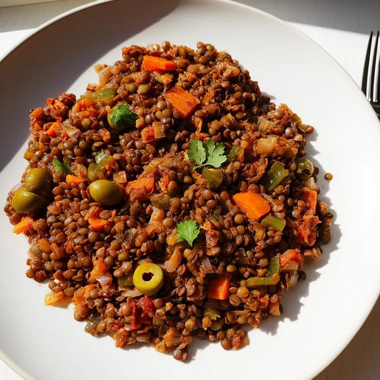 Hearty vegan Cuban-Inspired Lentil Picadillo simmered with cumin and smoked paprika, garnished with fresh cilantro and served over fluffy white rice.  