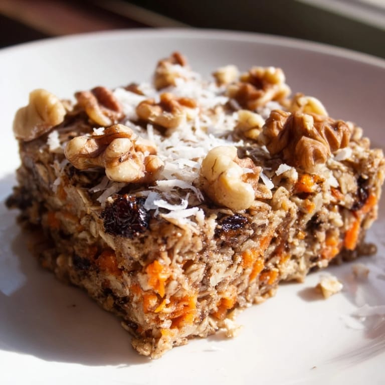 Warm, wholesome carrot cake baked oatmeal fresh from the oven, featuring soft oats, grated carrots, and a golden crust in a rustic baking dish.