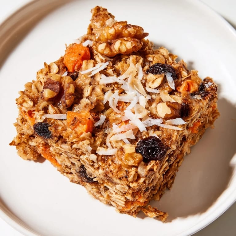 A close-up view of a hearty serving of carrot cake baked oatmeal, garnished with a spoonful of Greek yogurt and a sprinkle of cinnamon, perfect for meal prep.