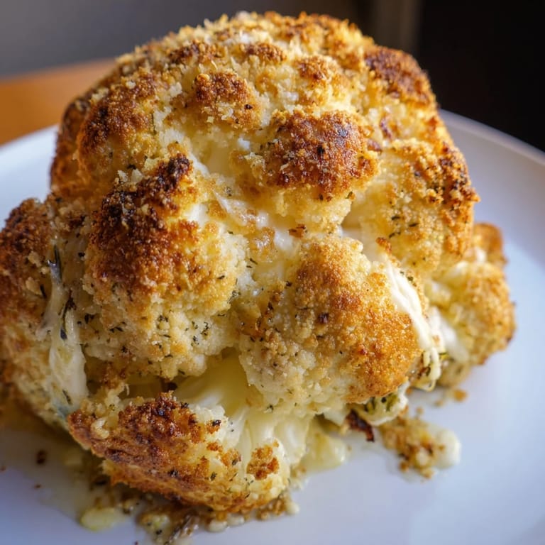 Sliced wedge of Cheesy Stuffed Cauliflower Head, revealing creamy melted cheese filling, paired with a simple green salad for dinner.