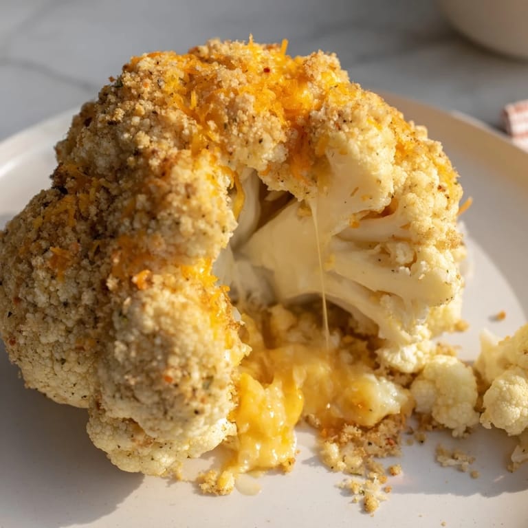 Close-up of golden Cheesy Stuffed Cauliflower Head with crispy topping, fresh chives, and a side of roasted vegetables.