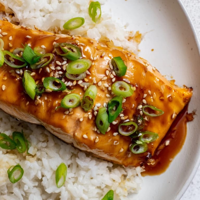 Crisp-tender vegetables and glossy salmon glazed in sweet maple and savory soy sauce, garnished with green onions and sesame seeds.  