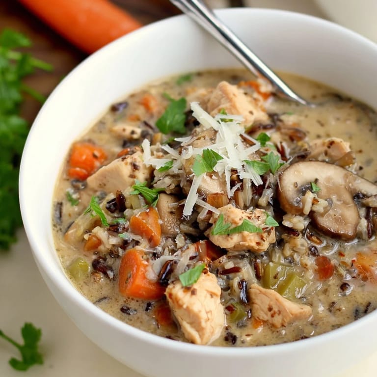 A steaming bowl of Parmesan Mushroom Chicken and Wild Rice Soup, featuring tender chicken pieces, sliced mushrooms, and hearty wild rice in a creamy broth.