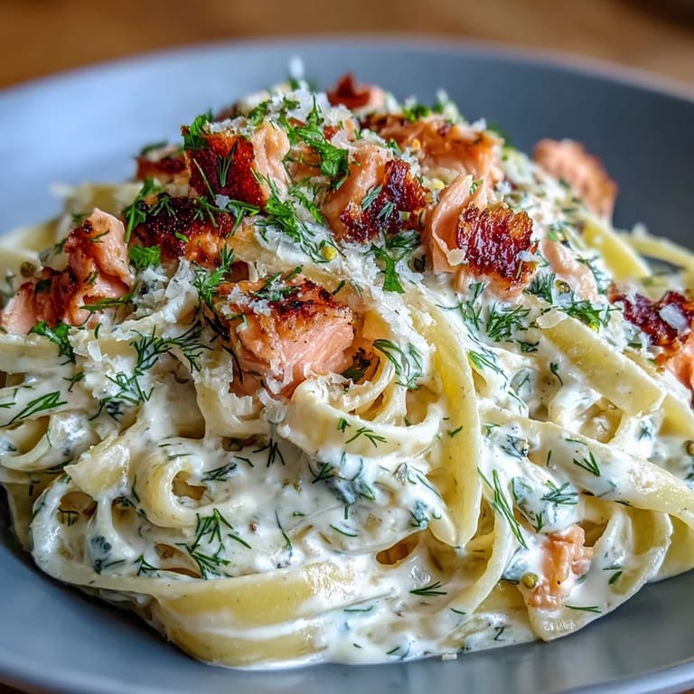 Delicious creamy salmon pasta, showcasing flaky salmon in a rich, lemony sauce.