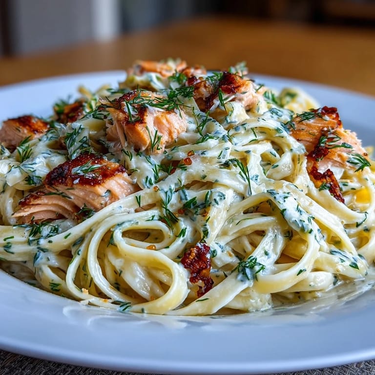Savory creamy salmon pasta loaded with herbs, perfect for an easy dinner.