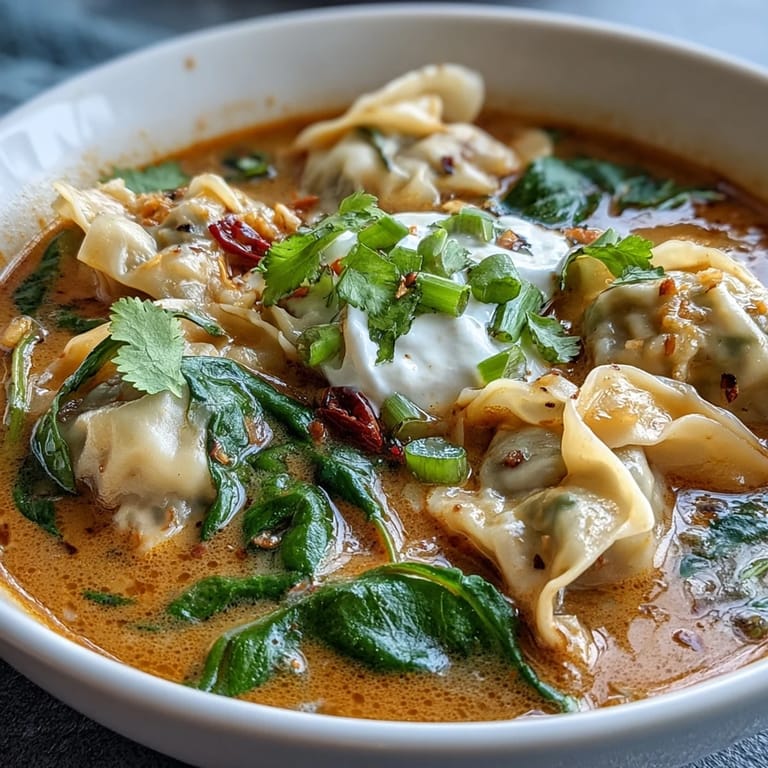 Cozy Red Curry Wonton Soup With Greens, perfect for a chilly evening with fresh lime.