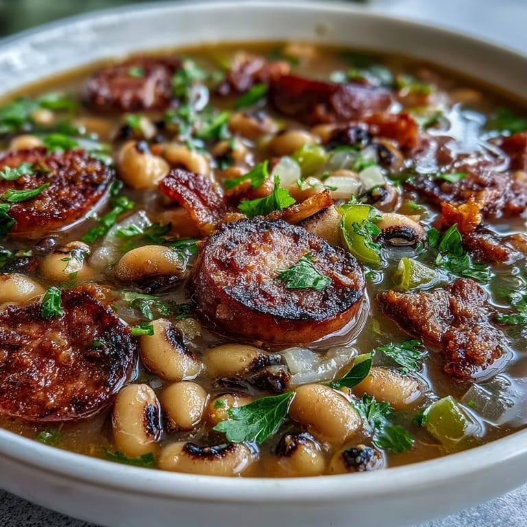 Steaming bowl of Southern-Style Black-Eyed Peas topped with fresh parsley and a side of crumbled cornbread on a wooden table.