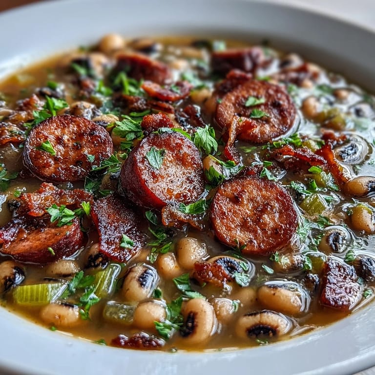 A close-up of savory Southern-Style Black-Eyed Peas with smoky sausage bits and diced vegetables, ready to be served hot.