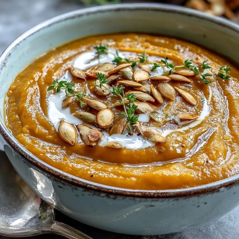 Homemade butternut squash and apple soup served with crusty bread and toasted seeds.