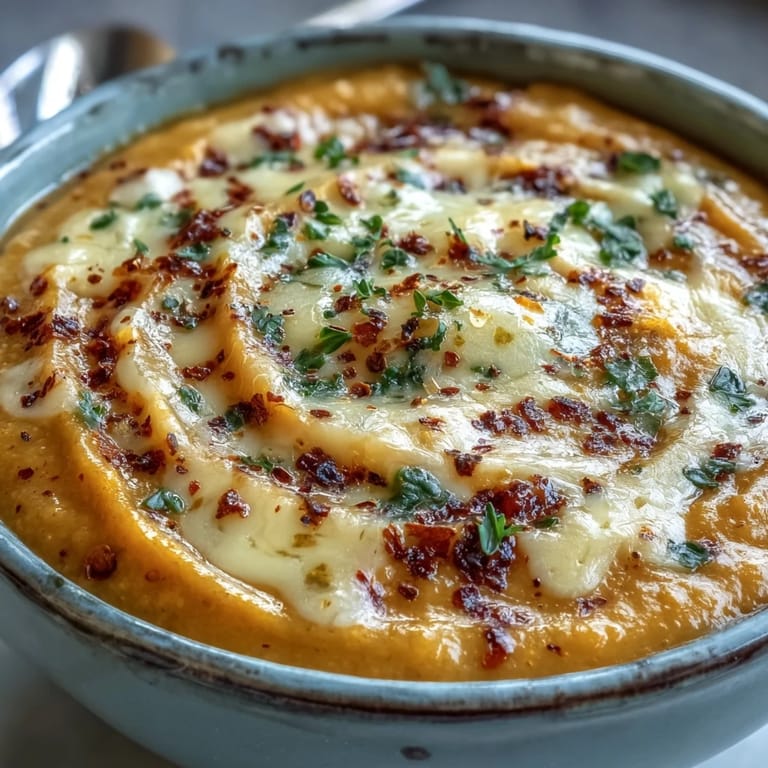 A comforting bowl of Butternut Squash Broccoli Cheddar Soup garnished with cheese, ready to serve with crusty bread.